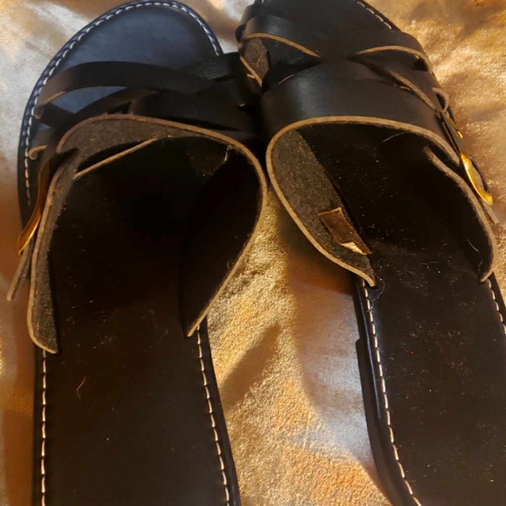 👯‍♂️⭐GET 2 PAIR FOR $10!!⭐ Shein Black Faux Flat Sandal Toe Ring Slip-On 9.5 - Picture 4 of 8